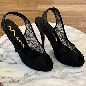 Nina Black Lace Peep Toe Slingback Heels